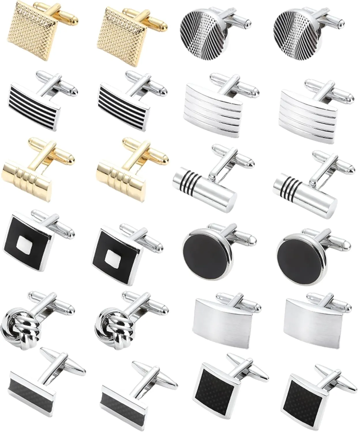 SONNYX 12 Pairs Cufflinks for Men Classic Tone Cuff Links Silver Black Striped Disc Square Rectangle Cuff Links Shirt Suit Mens Cufflinks For Wedding Groom Business