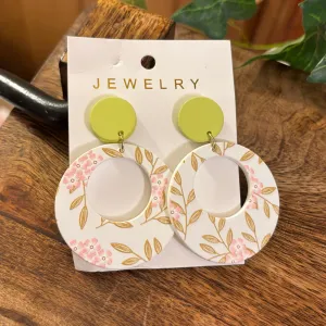 Spring Leaf Print Circle Cut Drop Earrings