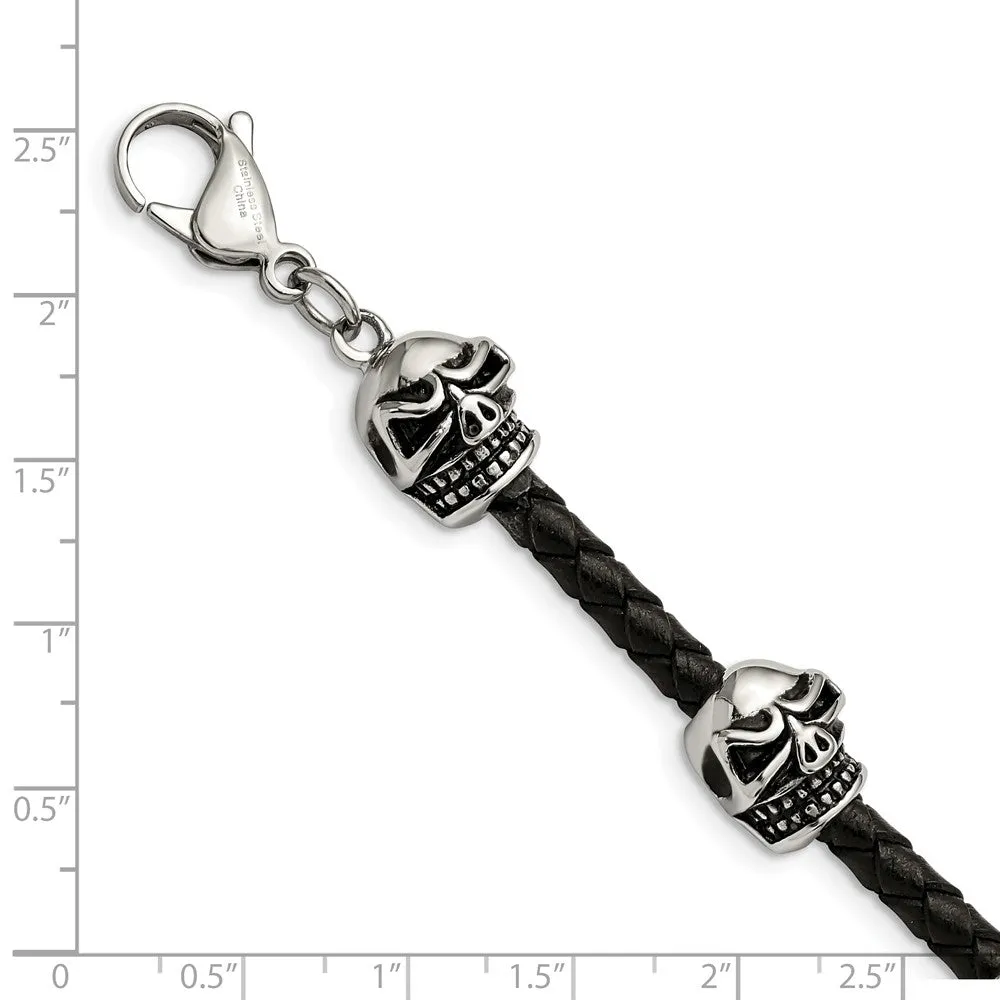 Stainless Steel Polished Antiqued Leather Skull Bracelet