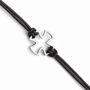 Stainless Steel Polished Cross Black Leather Bracelet
