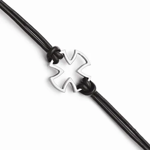 Stainless Steel Polished Cross Black Leather Bracelet