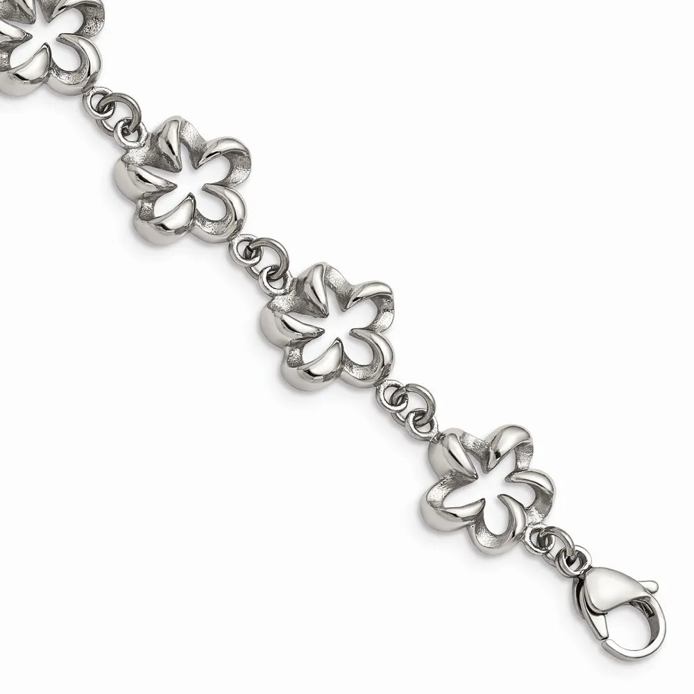 Stainless Steel Polished Cut-out Flowers 7.5in Bracelet
