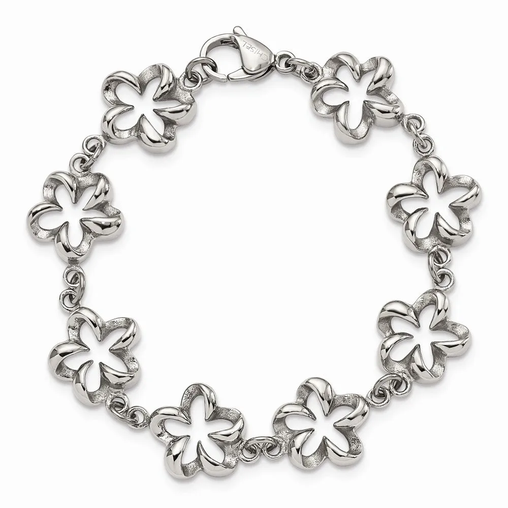Stainless Steel Polished Cut-out Flowers 7.5in Bracelet