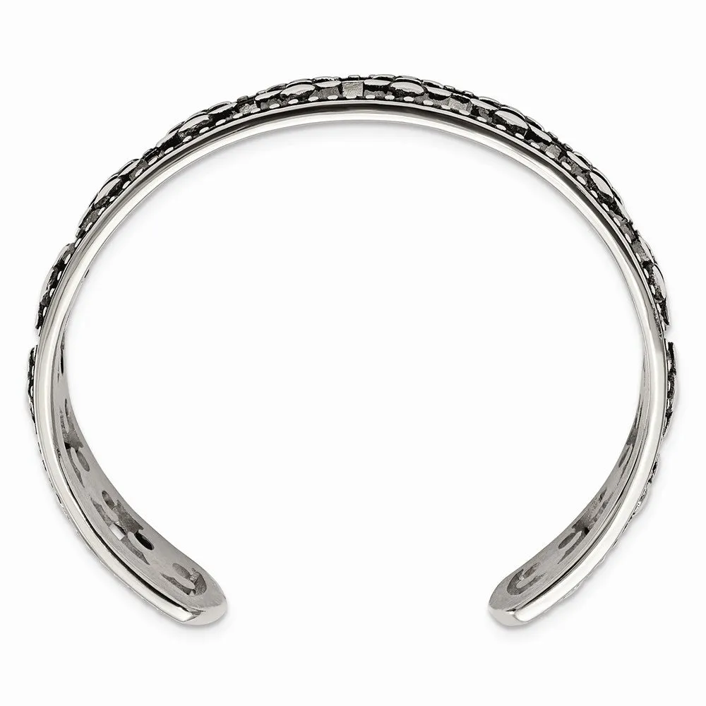 Stainless Steel Polished Fleur de Lis Antiqued Bangle