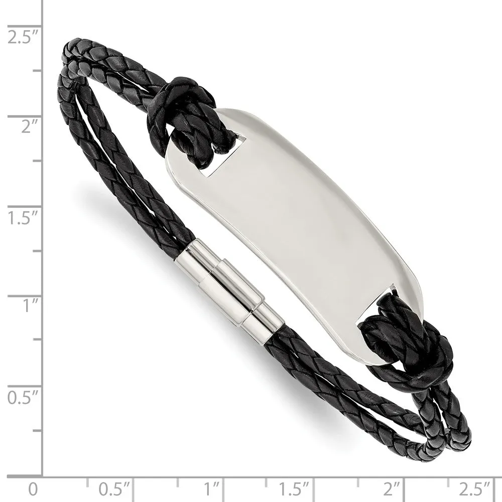 Stainless Steel Polished ID and Black Woven Leather Bracelet
