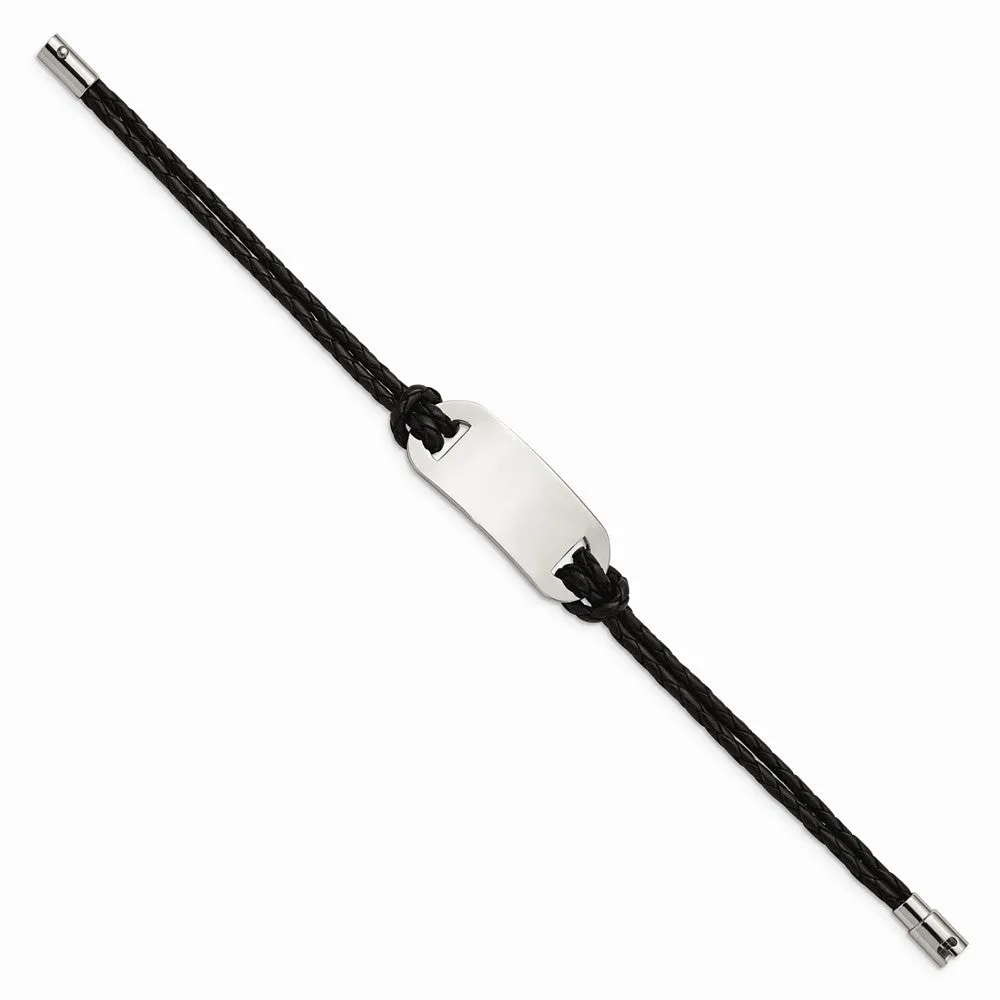 Stainless Steel Polished ID and Black Woven Leather Bracelet
