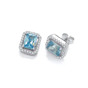 Sterling Silver Blue Baguette Cut Halo CZ Stud Earrings