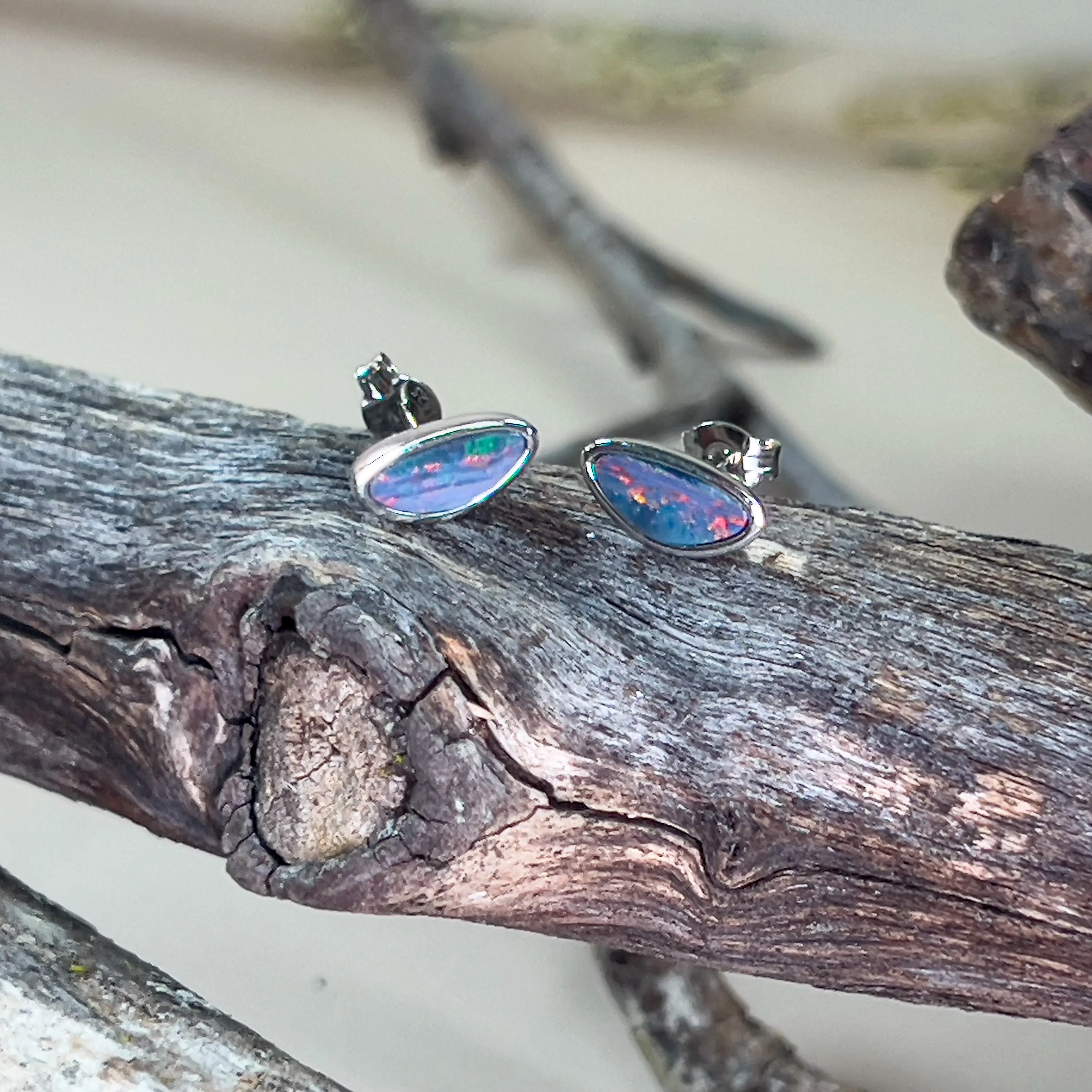 Sterling Silver freeform Opal doublet studs line pattern