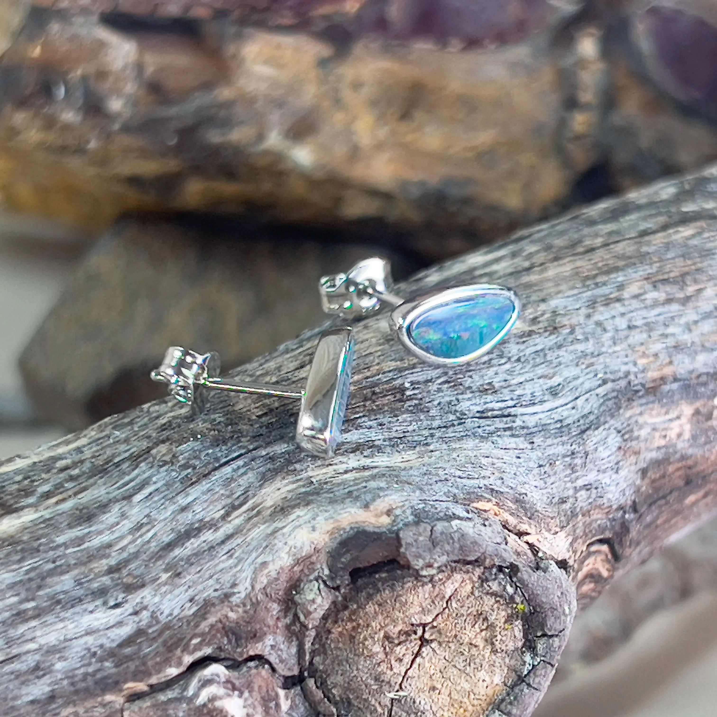 Sterling Silver freeform Opal doublet studs line pattern