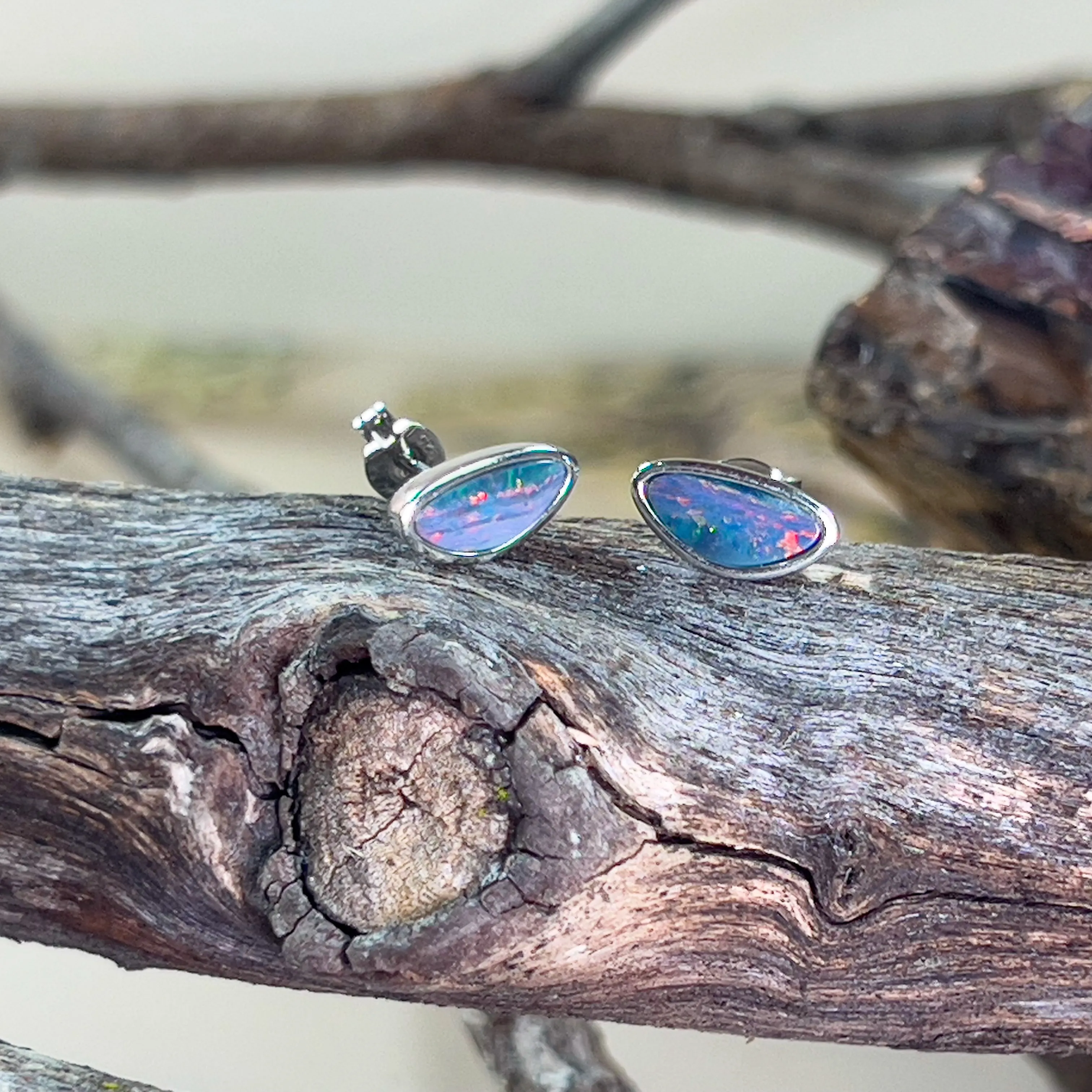 Sterling Silver freeform Opal doublet studs line pattern