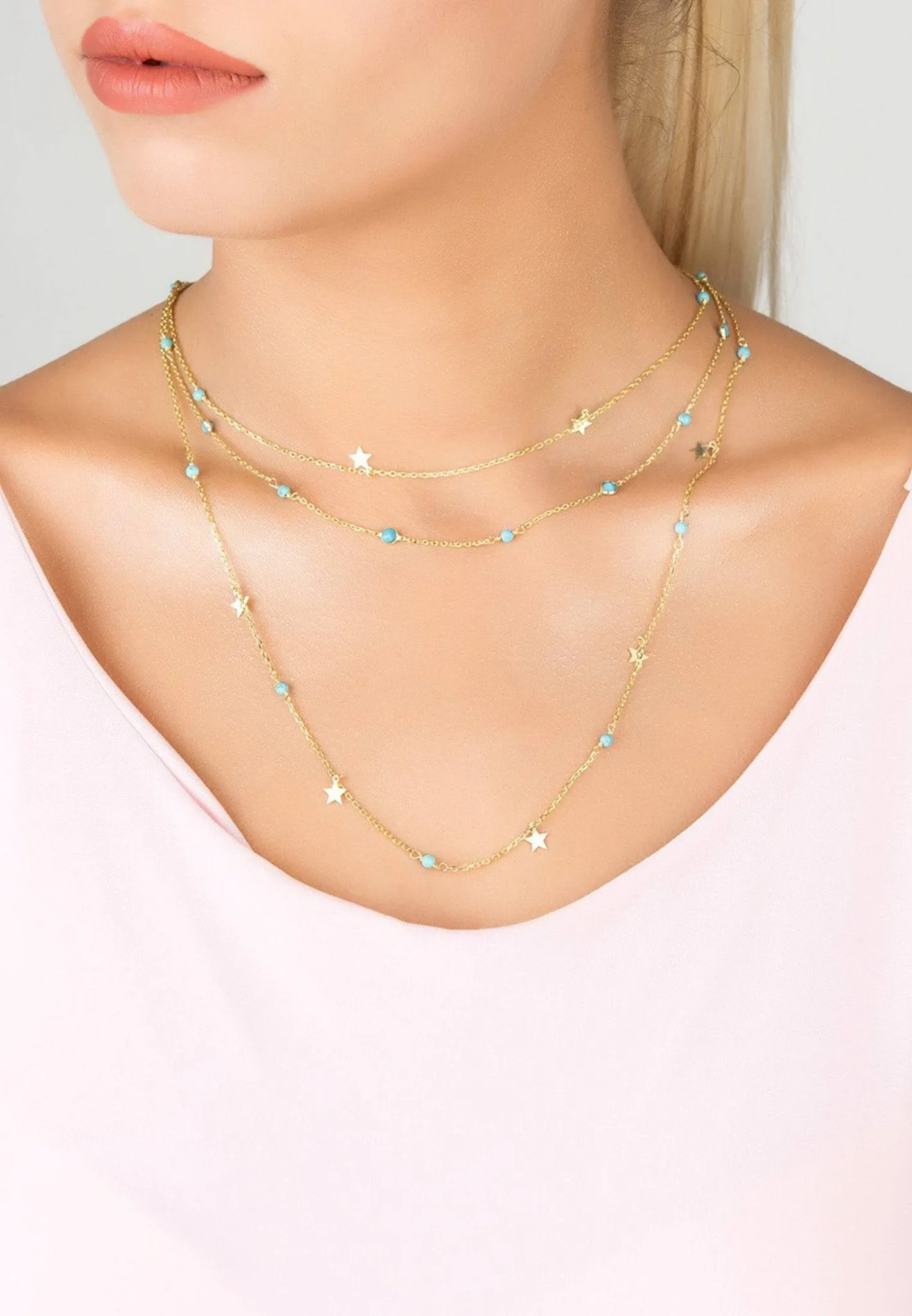 Turquoise Star Multi Strand Gemstone Necklace Gold
